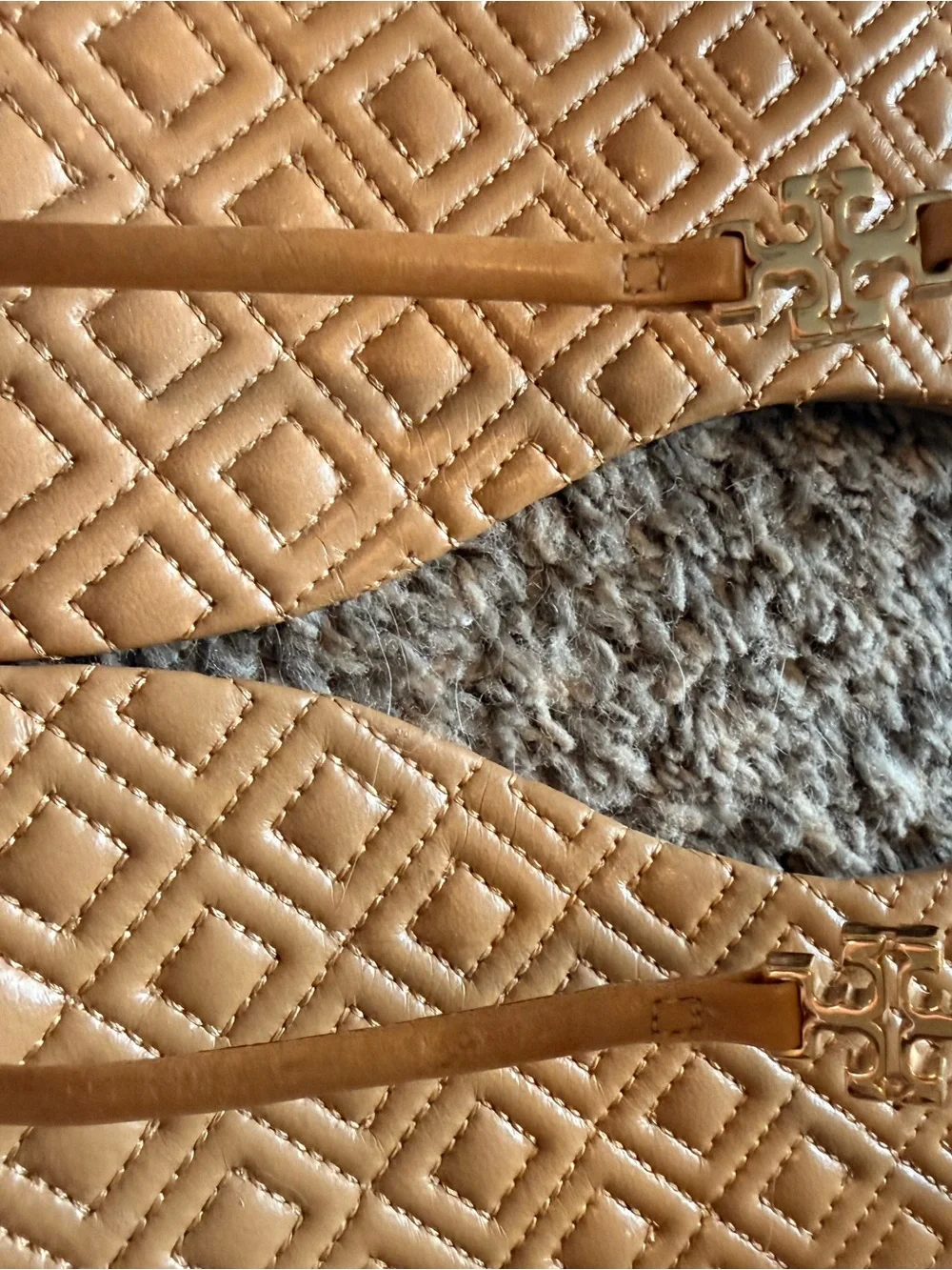 Tory Burch Quilted T-Strap Sandals in Tan with Gold Logo